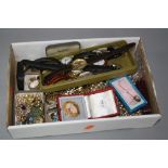 A MIXED BOX OF WATCHES AND COSTUME JEWELLERY, etc