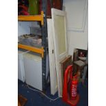 THREE PLASTIC TRAYS OF HAND TOOLS, planes, three painted doors, an oak framed window and an oak