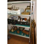 THREE BOXES AND LOOSE SUNDRY ITEMS, CERAMICS, GLASS, etc, to include copper and brass, pictures,