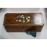 A BRASS/PAINTED INLAID TULIP WOOD FOLDING DOWN GLOVE BOX, length approximately 26cm (key),