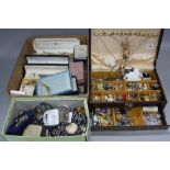 A JEWELLERY BOX, and two further boxes of mixed costume jewellery, etc