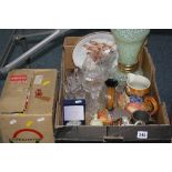 TWO BOXES OF CERAMICS, GLASS, 8MM PROJECTOR, etc, to include Franz jug and spoon, cut glasses, boxed