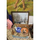 A BOX OF CERAMICS, and two oil paintings and a print (4)