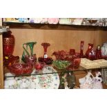 VARIOUS PIECES OF CRANBERRY AND OTHER COLOURED GLASSWARES, to include 'Mary Gregory' style items