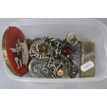 A MIXED LOT, to include silver watch chain (approximate weight 71 grams), silver fob, compact,