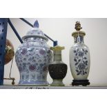 A MODERN CHINESE PORCELAIN TABLE LAMP, a ginger jar and cover and an oriental pierced metal and