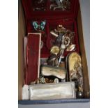 A BOX OF MIXED COSTUME JEWELLERY including watches, brooches, etc