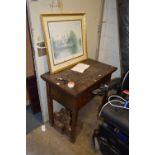 AN OAK CASED MANGLE, a print of Lichfield and four vintage weights (6)
