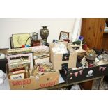 FIVE BOXES OF PRINTS, CERAMICS, STAMPS, METALWARE, etc, including cutlery and flatware (five boxes)