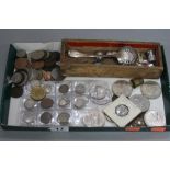 A BOX OF MISCELLANEOUS COINS, pen knife etc