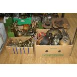 THREE BOXES OF METALWARES, CLOCKS, two 78's, ''Dear Mr.S..... Alias Adolph Hitler'', together with a