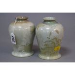 TWO COBRIDGE STONEWARE VASES, decorated with foliage and swallows, impressed marks to base,