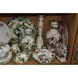 MASONS 'CHARTREUSE' AND 'MANDALAY', to include candlestick, vase, jug, plate and trinket (