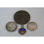 A BRONZE MEDAL FOR 1926 NATIONAL EMERGENCY 1889, silver florin, 1902 Coronation coin and a silver
