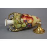 A DISTRESSED ROYAL WORCESTER TWIN HANDLED VASE, hand painted with fruit by Leaman, (foot broken off)