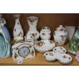 NINE PIECES ROYAL ALBERT 'OLD COUNTRY ROSES', to include timepiece, vases etc (mostly seconds)