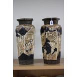 A PAIR OF BRETBY HEXAGONAL VASES, decorated with oriental figures in a landscape, impressed marks to