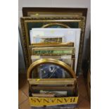 PAINTINGS, PRINTS AND FRAMES, a box of watercolours, gilt frames, oil paintings, prints of girls,