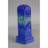 A RUSKIN POTTERY HEXAGONAL VASE, domed top with holes, hexagonal foot, streaked matt blue and