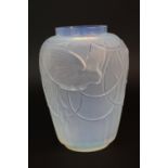 A SABINO OPALESCENT GLASS BALUSTER VASE, moulded in relief with three Parakeets within interlinked