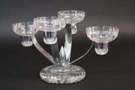 A STUART CRYSTAL AND CHROME ART DECO STYLE FOUR BRANCH EPERGNE, circular cut glass candle holders on