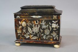AN EARLY VICTORIAN TORTOISESHELL AND MOTHER OF PEARL INLAID TEA CADDY, in need of restoration, two