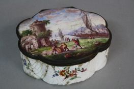 A LATE 18TH CENTURY ENAMEL BOX, with hinged cover and of wavy outline, the cover painted with a busy