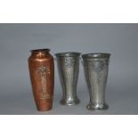 A PAIR OF MAYFLOWER PEWTER BALUSTER ARTS & CRAFTS STYLE VASES, hand hammered finish with flared rim,