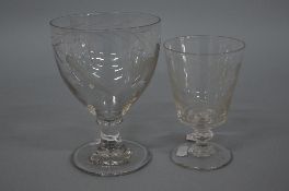 AN EARLY 19TH CENTURY GLASS RUMMER, engraved with barley and hops and 'M F', on a short stem, height