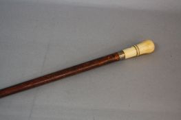 A LATE 17TH CENTURY PURITAN STYLE MALACCA WALKING CANE, plain turned ivory pommel pierced with