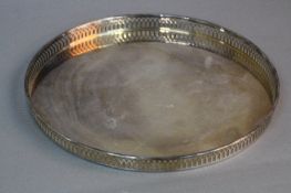 AN ELIZABETH II CIRCULAR SILVER GALLERIED TRAY, engraved initials verso, makers mark for Barker