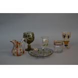 FIVE PIECES OF LATE 19TH AND EARLY 20TH CENTURY CONTINENTAL AND BRITISH GLASSWARE, all enamelled