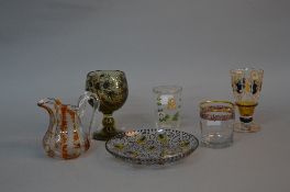 FIVE PIECES OF LATE 19TH AND EARLY 20TH CENTURY CONTINENTAL AND BRITISH GLASSWARE, all enamelled