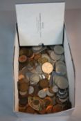 A SHOEBOX OF COINS, contains some silver