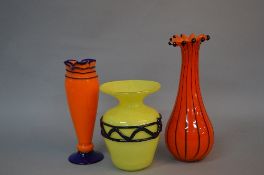 A KRALIK ORANGE AND BLUE GLASS BALUSTER VASE, with triangular rim, height approximately 25.5cm,