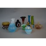 A COLLECTION OF LATE 19TH AND 20TH CENTURY COLOURED GLASSWARE, including vaseline, Art glass