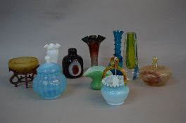 A COLLECTION OF LATE 19TH AND 20TH CENTURY COLOURED GLASSWARE, including vaseline, Art glass
