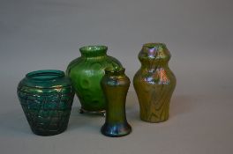 A LOETZ RUSTICANA IRIDESCENT GREEN VASE, of baluster form, crack in rim, mounted on an EPNS base