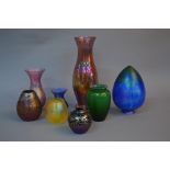 EIGHT PIECES OF 20TH CENTURY IRIDESCENT GLASS, various shades including blue, pink and yellow, all