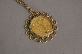 A FULL GOLD SOVEREIGN, in 9ct mount and a 9ct 22 inch chain, weight approximately 19.93 grams
