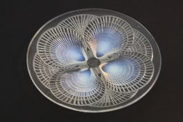 A RENE LALIQUE COQUILLES PATTERN OPALSCENT AND CLEAR GLASS PLATE, the moulded shells forming four