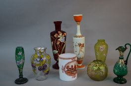 A COLLECTION OF LATE 19TH AND 20TH CENTURY ENAMELLED GLASSWARE, various colours including white