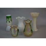 FOUR KRALIK GLASS VASES, comprising two pearlised finish, one with a trailed green design, the other