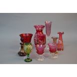 A COLLECTION OF LATE 19TH CENTURY AND 20TH CENTURY CRANBERRY AND RUBY COLOURED GLASS, including