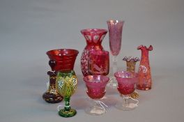 A COLLECTION OF LATE 19TH CENTURY AND 20TH CENTURY CRANBERRY AND RUBY COLOURED GLASS, including