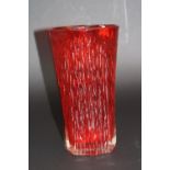 A WHITEFRIARS GEOFFREY BAXTER DESIGNED TEXTURED RUBY GLASS VASE, of conical form, pattern No.9830,