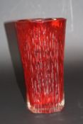 A WHITEFRIARS GEOFFREY BAXTER DESIGNED TEXTURED RUBY GLASS VASE, of conical form, pattern No.9830,