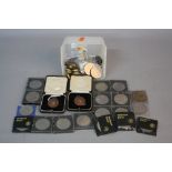 A SMALL BOX OF COINS, to include two boxed Coronation medals Queen Elizabeth's Coronation, a group