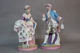 A PAIR OF LATE 19TH CENTURY CONTINENTAL PORCELAIN FIGURES OF GALLANT AND HIS LADY, possibly Prince