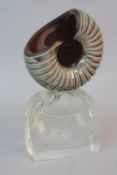 ALLISTER MALCOLM (BRITISH, CONTEMPORARY) GLASS AMMONITE ON ICE, an iridescent cut to amber glass